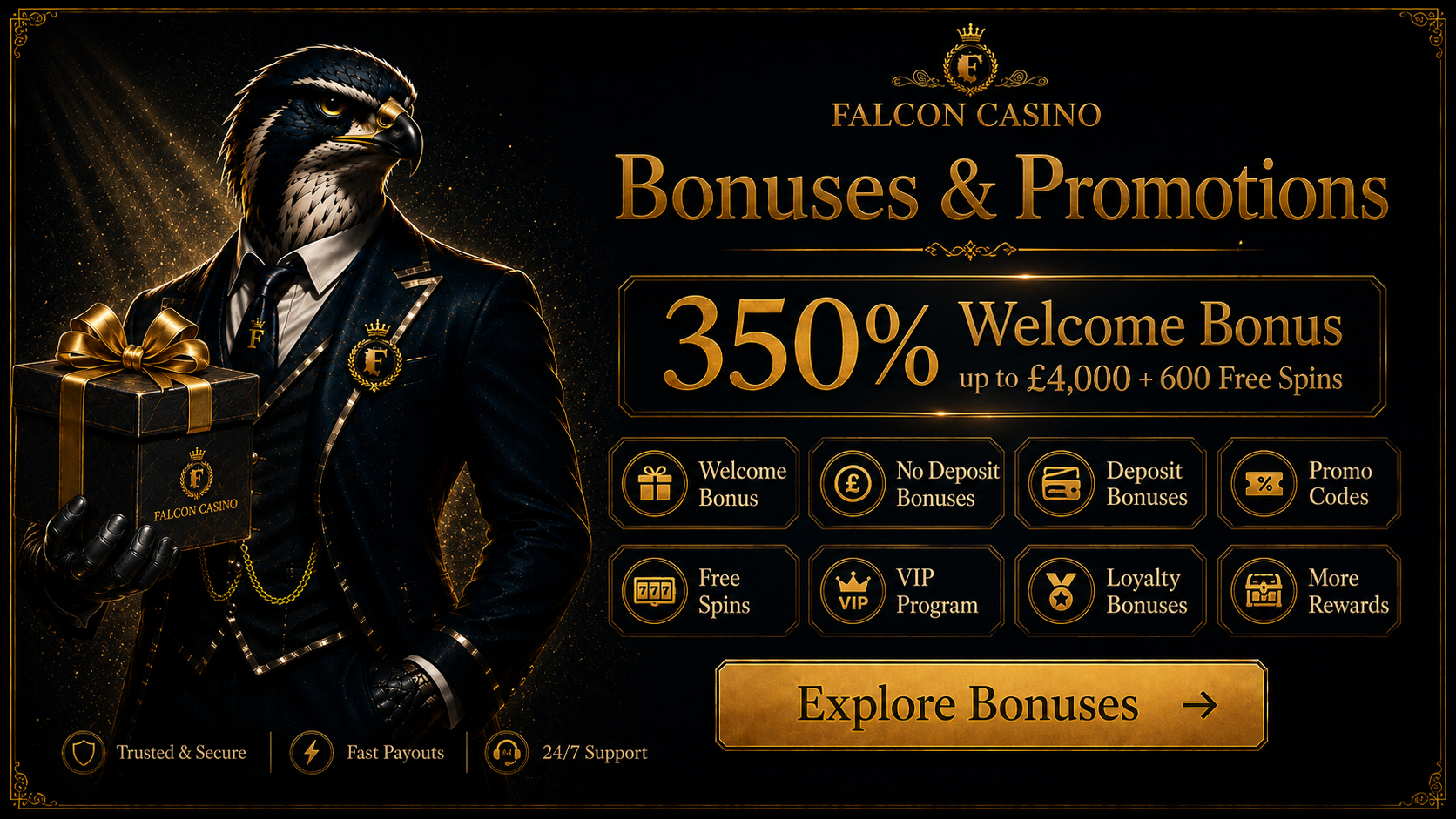 Falcon Casino Bonuses & Promotions – 350% up to £4,000 + 600 Free Spins
